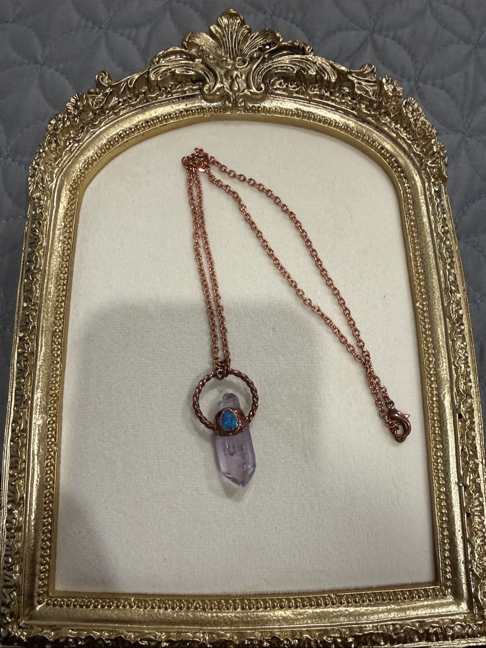 Copper Amethyst Point Pendant Necklace with Blue Opal